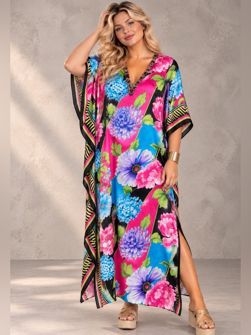Santé Classics Women's Floral Caftan with Beaded V-Neck Detail